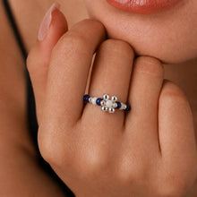 Navy Blue Beaded Flower Ring, Miyuki Seed Bead Stretch Ring, Silver Daisy product image 5