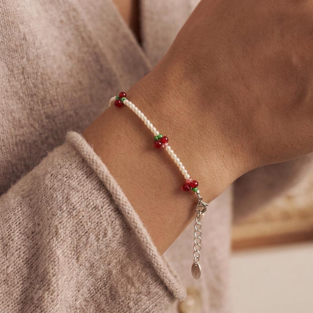 Miyuki Beaded Cherry Bracelet, Dainty Silver Fruit Jewellery, Bracelet for women, Gift for Her product image 5