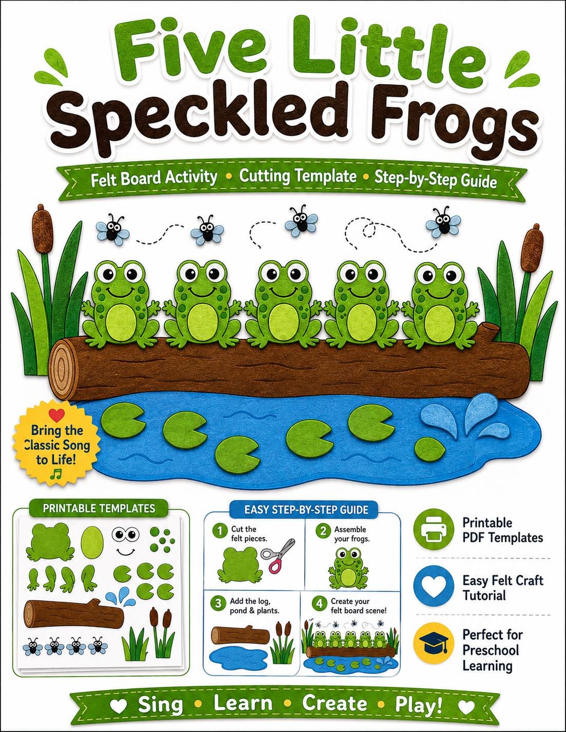 Five Speckled Frogs Felt Board Pattern, Printable Counting Song, Preschool Activity product image