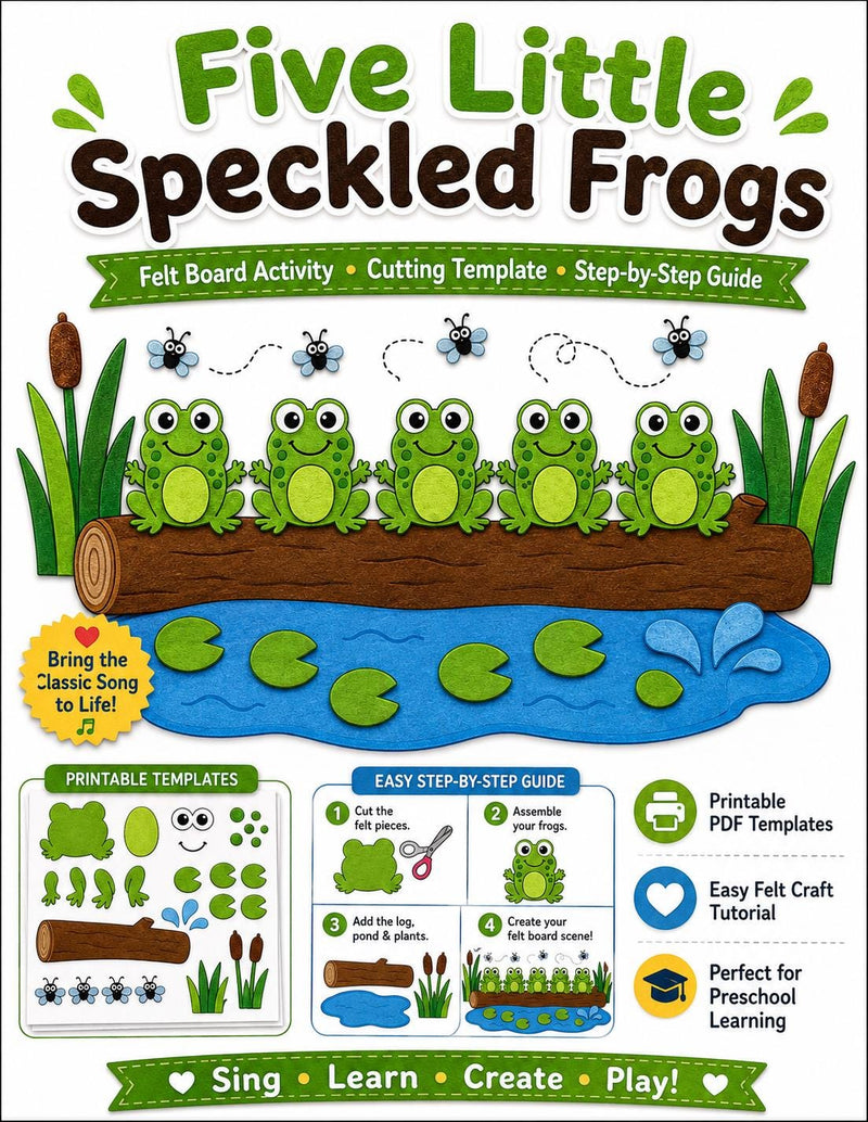 Five Speckled Frogs Felt Board Pattern, Printable Counting Song, Preschool Activity product image