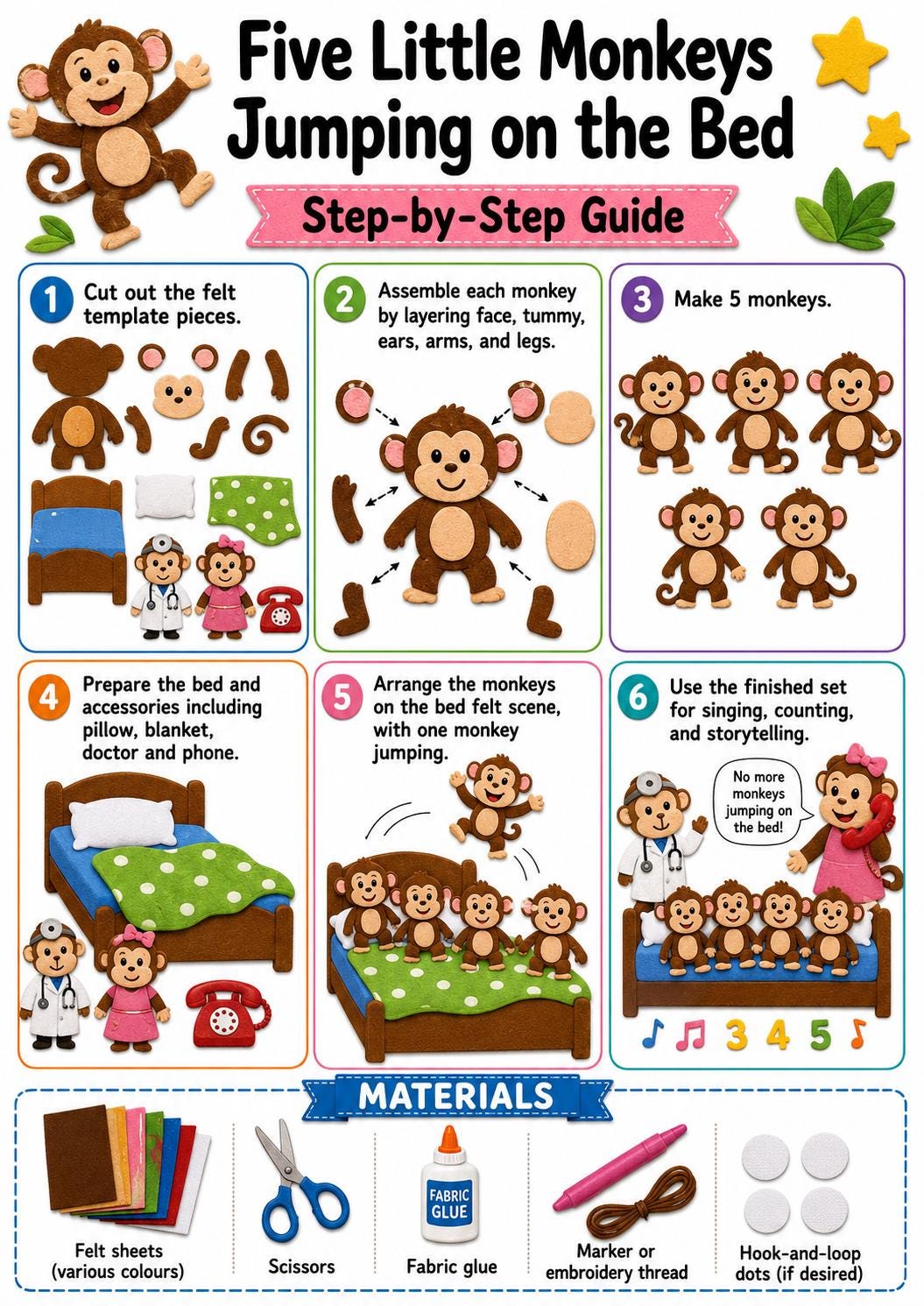 Five Little Monkeys Felt Board Pattern, Printable Counting Story, Preschool Activity product image 4
