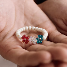 Triple Flower Beaded Ring, White Miyuki Seed Bead Stretch Ring, Colourful Daisy Jewellery product image 2