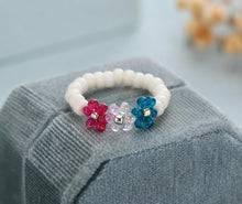 Triple Flower Beaded Ring, White Miyuki Seed Bead Stretch Ring, Colourful Daisy Jewellery product image