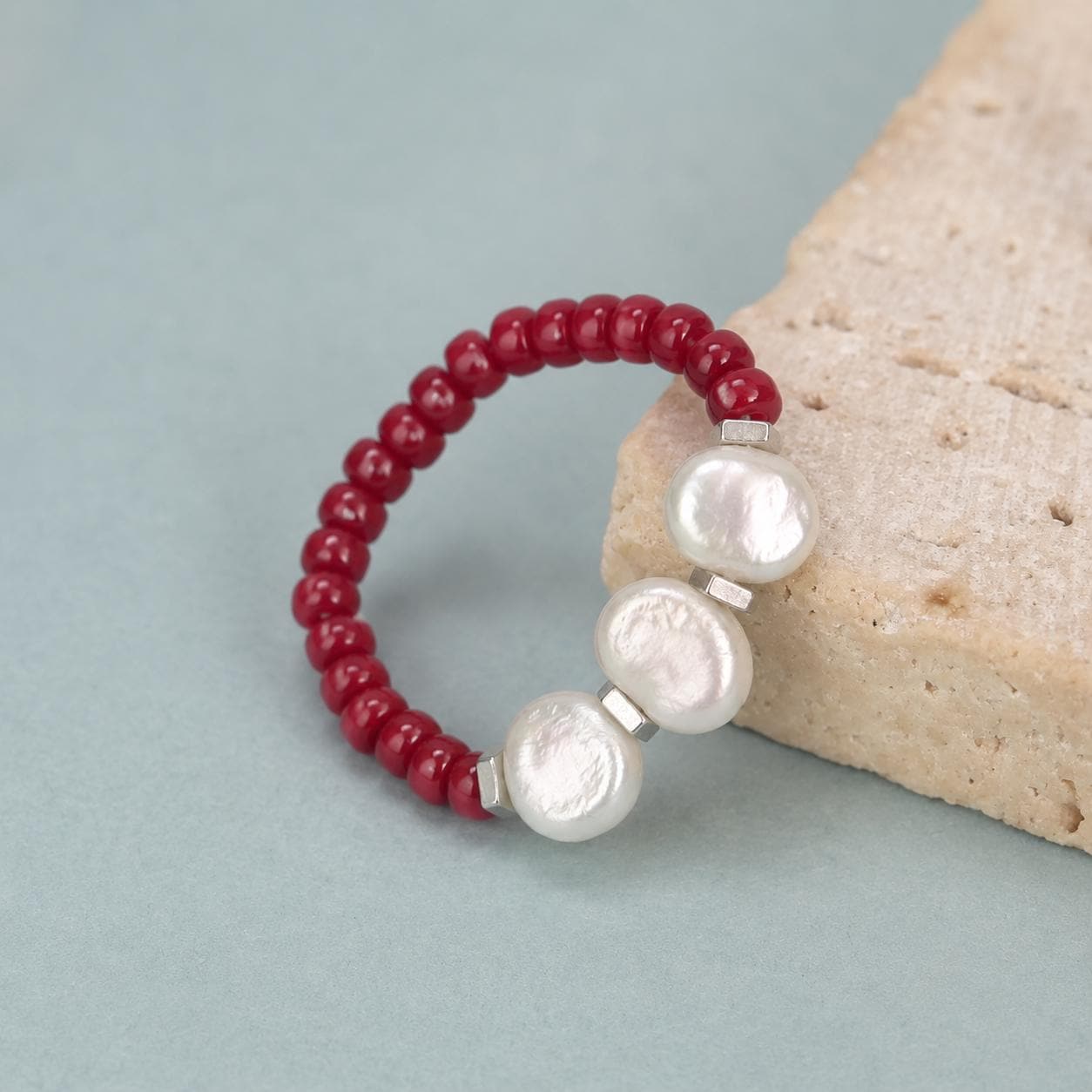 Red Freshwater Pearl Ring, Miyuki Seed Bead Stretch Ring, Sterling Silver Spacers product image 5