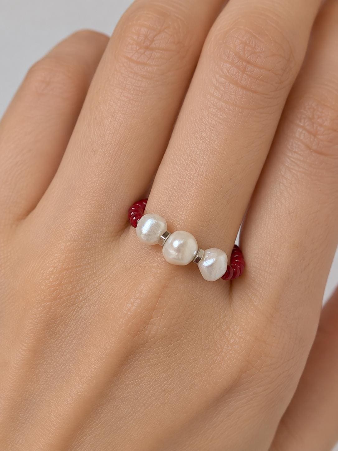 Red Freshwater Pearl Ring, Miyuki Seed Bead Stretch Ring, Sterling Silver Spacers product image 6