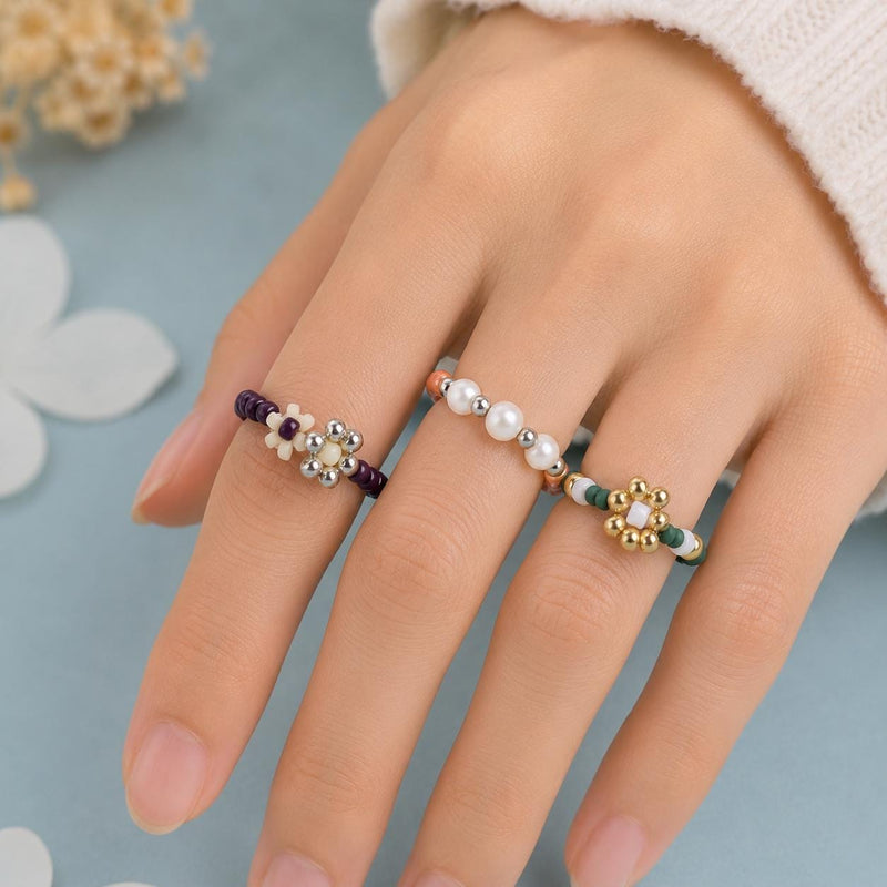 Miyuki Beaded Ring 925 Silver Freshwater Pearl | Handmade Dainty Stacking Ring product image 2