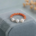 Coral Freshwater Pearl Ring, Miyuki Seed Bead Stretch Ring, Sterling Silver Spacers