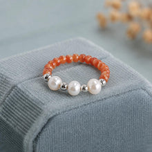 Coral Freshwater Pearl Ring, Miyuki Seed Bead Stretch Ring, Sterling Silver Spacers product image