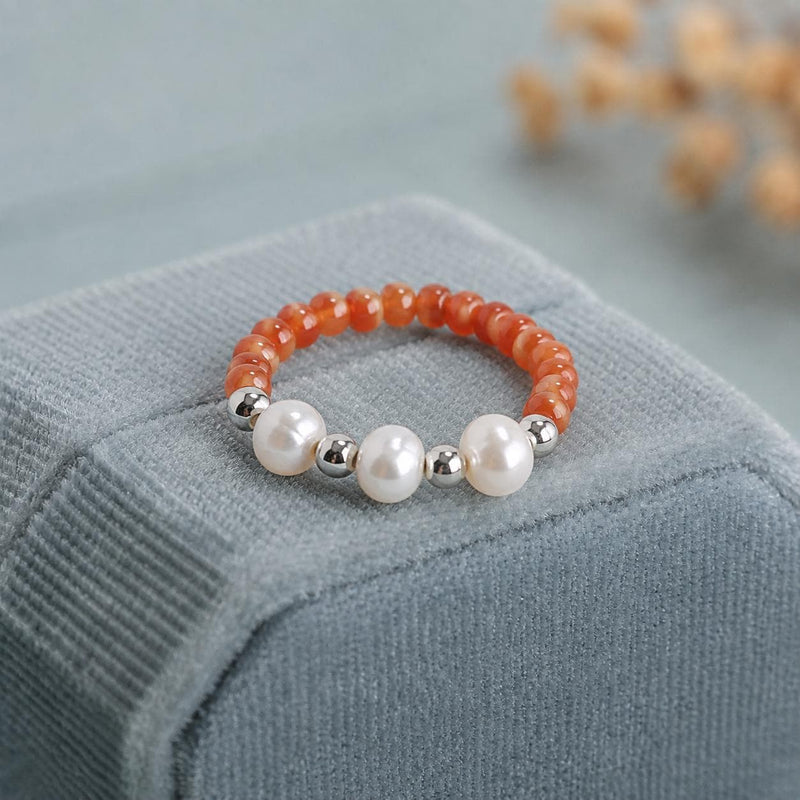 Coral Freshwater Pearl Ring, Miyuki Seed Bead Stretch Ring, Sterling Silver Spacers product image