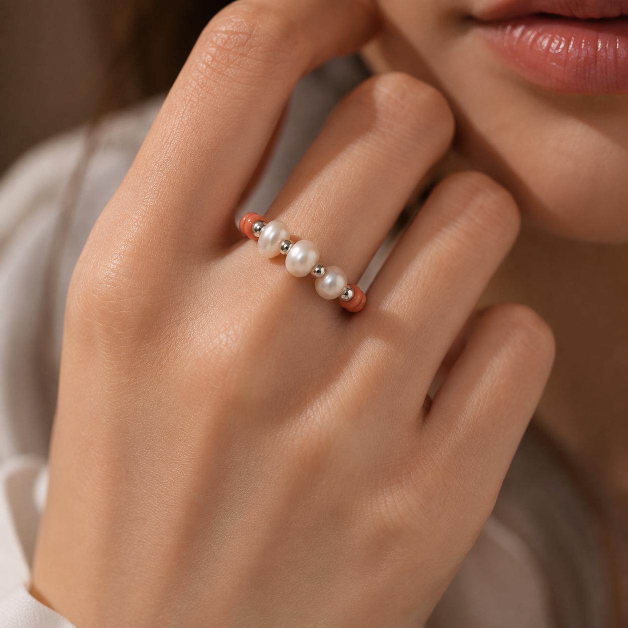 Coral Freshwater Pearl Ring, Miyuki Seed Bead Stretch Ring, Sterling Silver Spacers product image 5