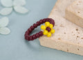 Burgundy Beaded Flower Ring, Yellow Miyuki Seed Bead Daisy, Stretch Ring