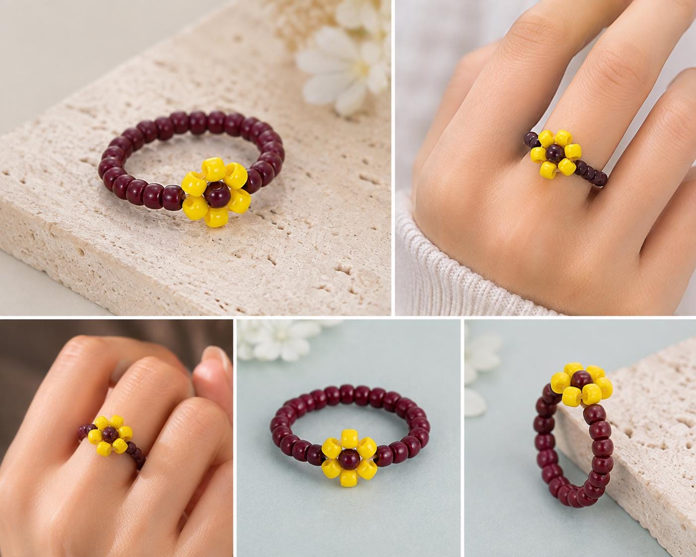 Burgundy Beaded Flower Ring, Yellow Miyuki Seed Bead Daisy, Stretch Ring product image 3
