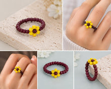 Burgundy Beaded Flower Ring, Yellow Miyuki Seed Bead Daisy, Stretch Ring product image 3