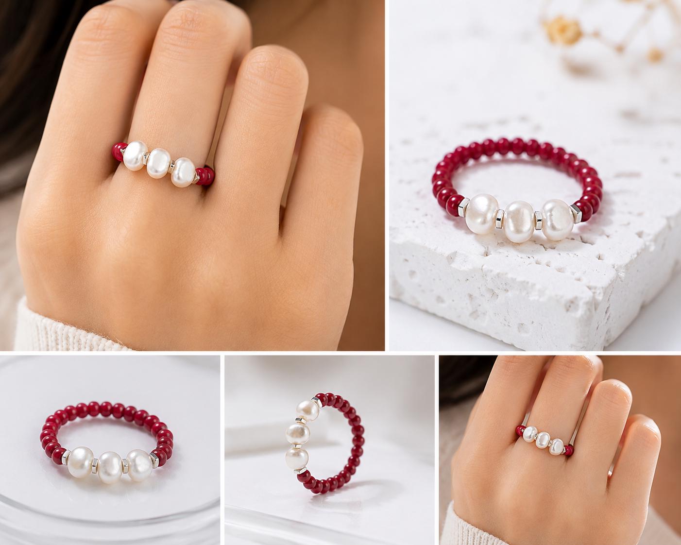 Red Freshwater Pearl Ring, Miyuki Seed Bead Stretch Ring, Sterling Silver Spacers product image 10