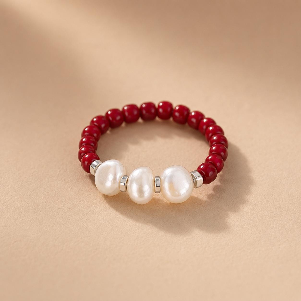 Red Freshwater Pearl Ring, Miyuki Seed Bead Stretch Ring, Sterling Silver Spacers product image 4