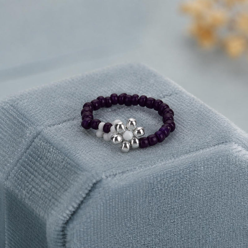 Purple Beaded Flower Ring, Miyuki Seed Bead Stretch Ring, Silver Daisy product image 2
