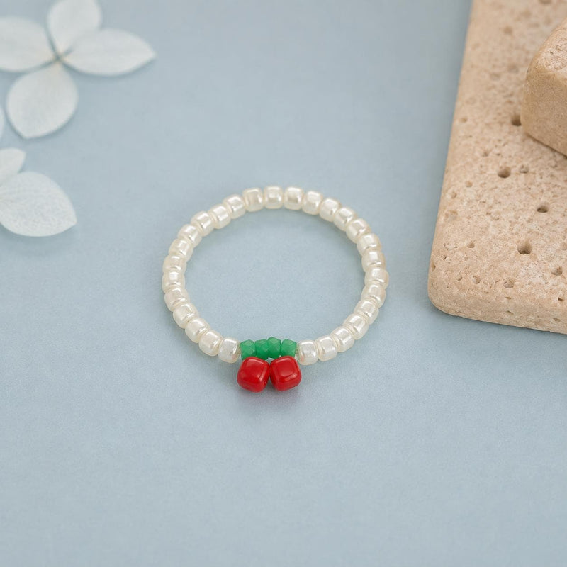 Cherry Beaded Ring, Miyuki Seed Bead Stretch Ring, Cute Fruit Jewellery product image
