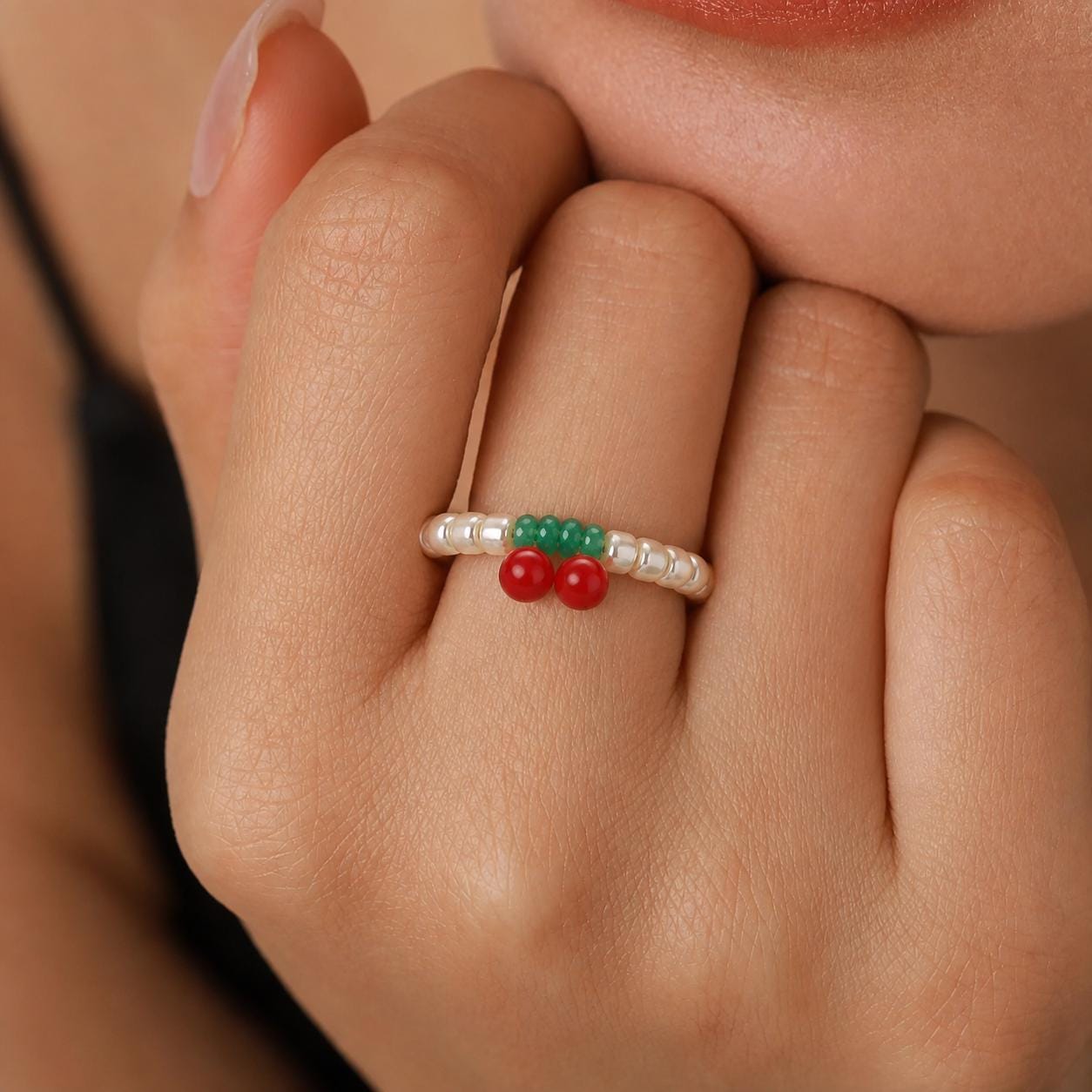 Cherry Beaded Ring, Miyuki Seed Bead Stretch Ring, Cute Fruit Jewellery product image 2
