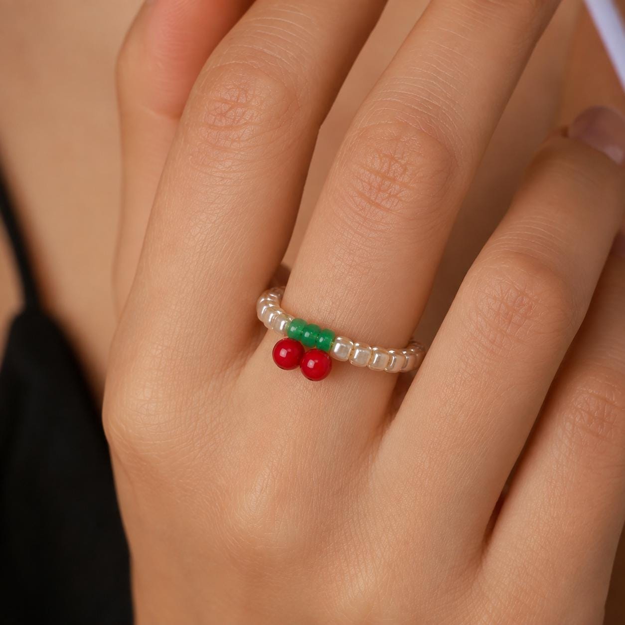 Cherry Beaded Ring, Miyuki Seed Bead Stretch Ring, Cute Fruit Jewellery product image 4