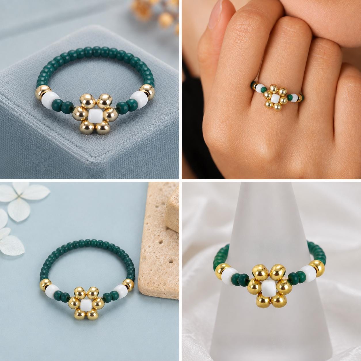 Dark Green Beaded Flower Ring, Miyuki Seed Bead Stretch Ring, Gold-Tone Daisy product image 7