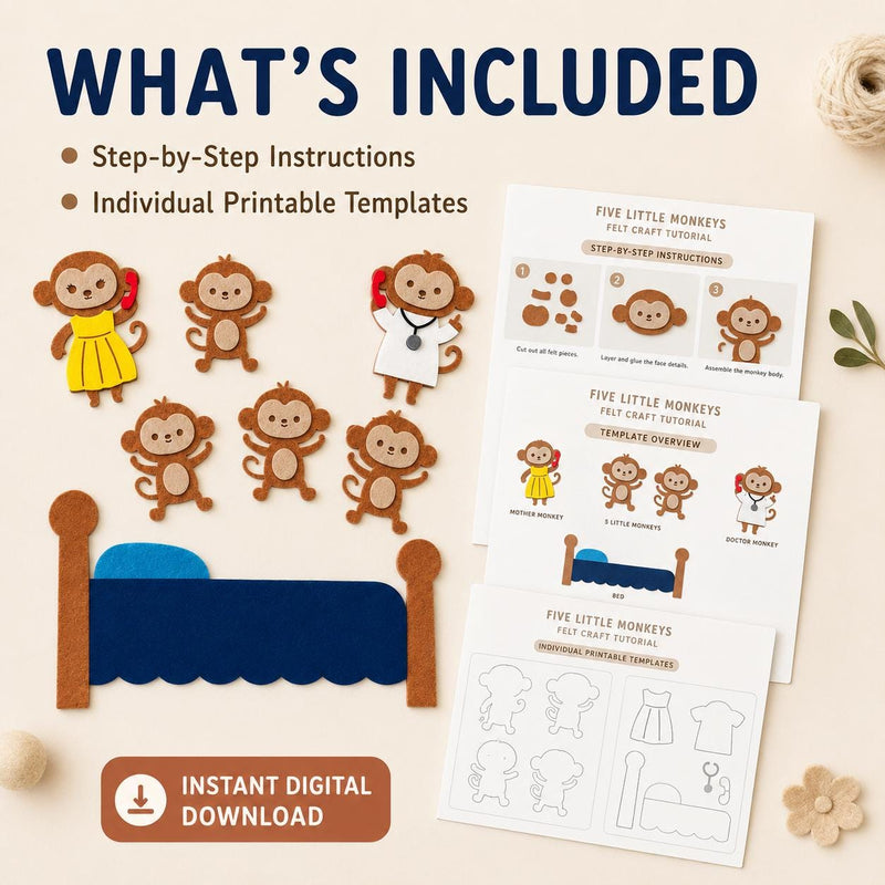 Five Little Monkeys Felt Board Pattern, Printable Counting Story, Preschool Activity product image 2