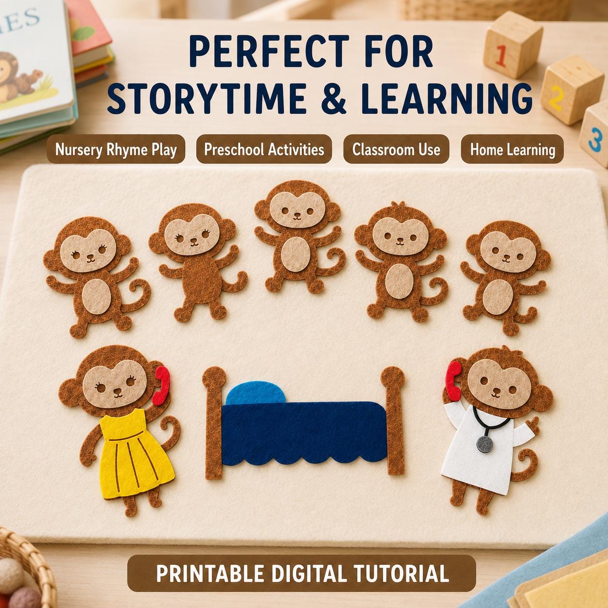 Five Little Monkeys Felt Board Pattern, Printable Counting Story, Preschool Activity product image 5