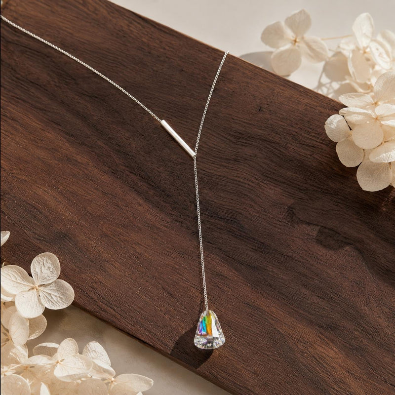 Austrian Crystal Y Necklace, Iridescent Rainbow Pendant, Silver Steel Lariat Necklace, Elegant Gift for Her product image