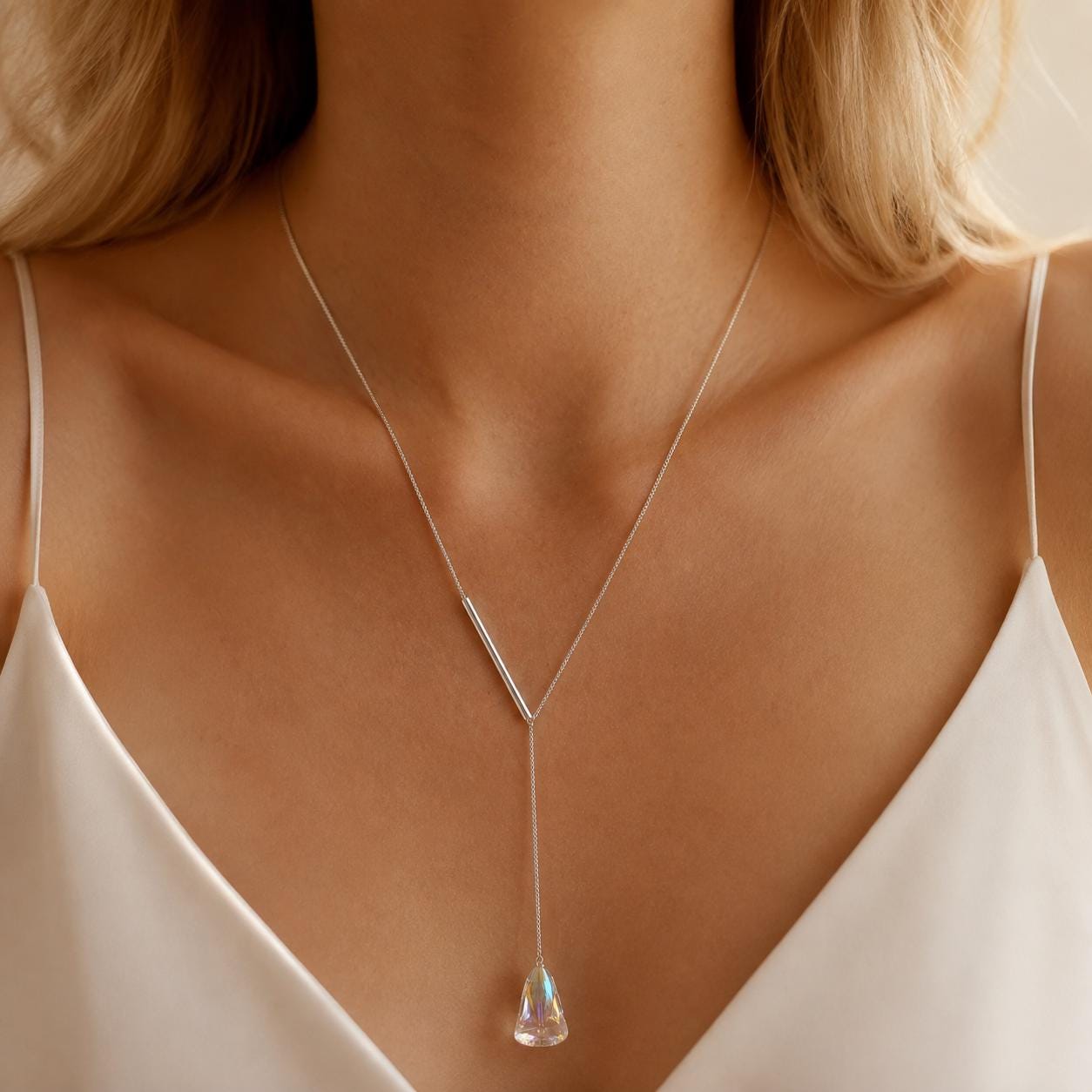 Austrian Crystal Y Necklace, Iridescent Rainbow Pendant, Silver Steel Lariat Necklace, Elegant Gift for Her product image 6