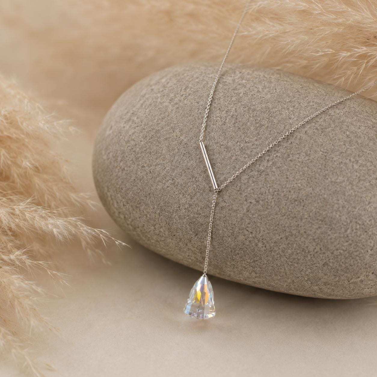 Austrian Crystal Y Necklace, Iridescent Rainbow Pendant, Silver Steel Lariat Necklace, Elegant Gift for Her product image 3