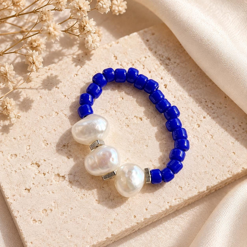 Blue Freshwater Pearl Ring, Miyuki Seed Bead Stretch Ring, Sterling Silver Spacers product image