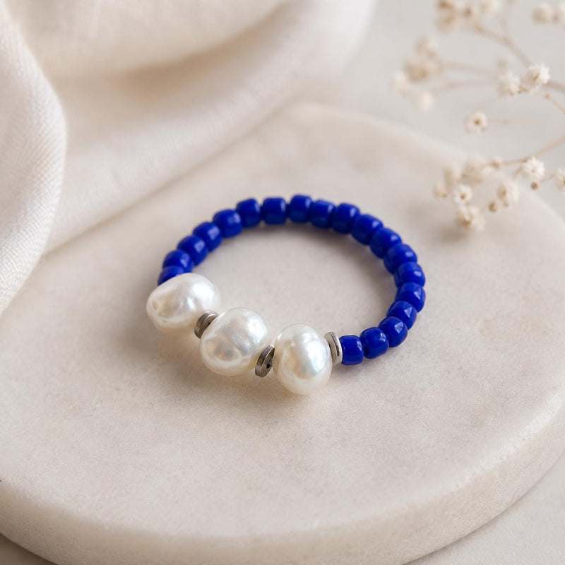 Blue Freshwater Pearl Ring, Miyuki Seed Bead Stretch Ring, Sterling Silver Spacers product image 2
