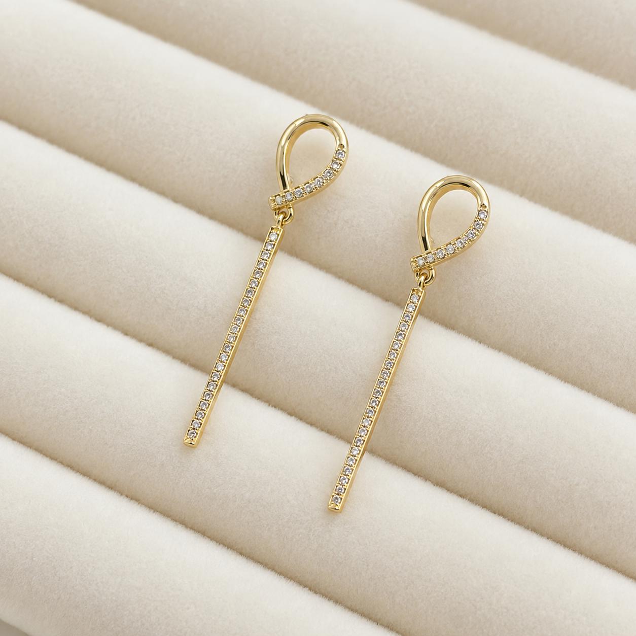 14K Gold Plated Drop Earrings, Clear Zircon Long Bar Earrings, 925 Silver Post, Elegant Dangle Jewellery Gift product image 7