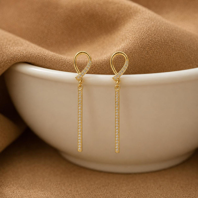 14K Gold Plated Drop Earrings, Clear Zircon Long Bar Earrings, 925 Silver Post, Elegant Dangle Jewellery Gift product image