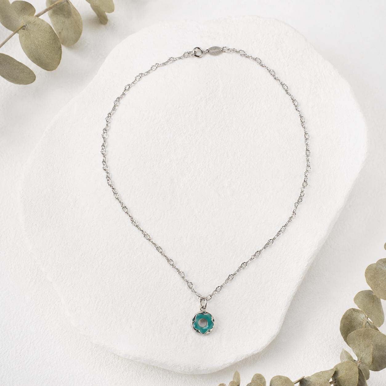 Turquoise Donut Necklace, 925 Sterling Silver Pendant Necklace, Dainty Teal Enamel Jewellery, Minimalist Gift for Her product image 4
