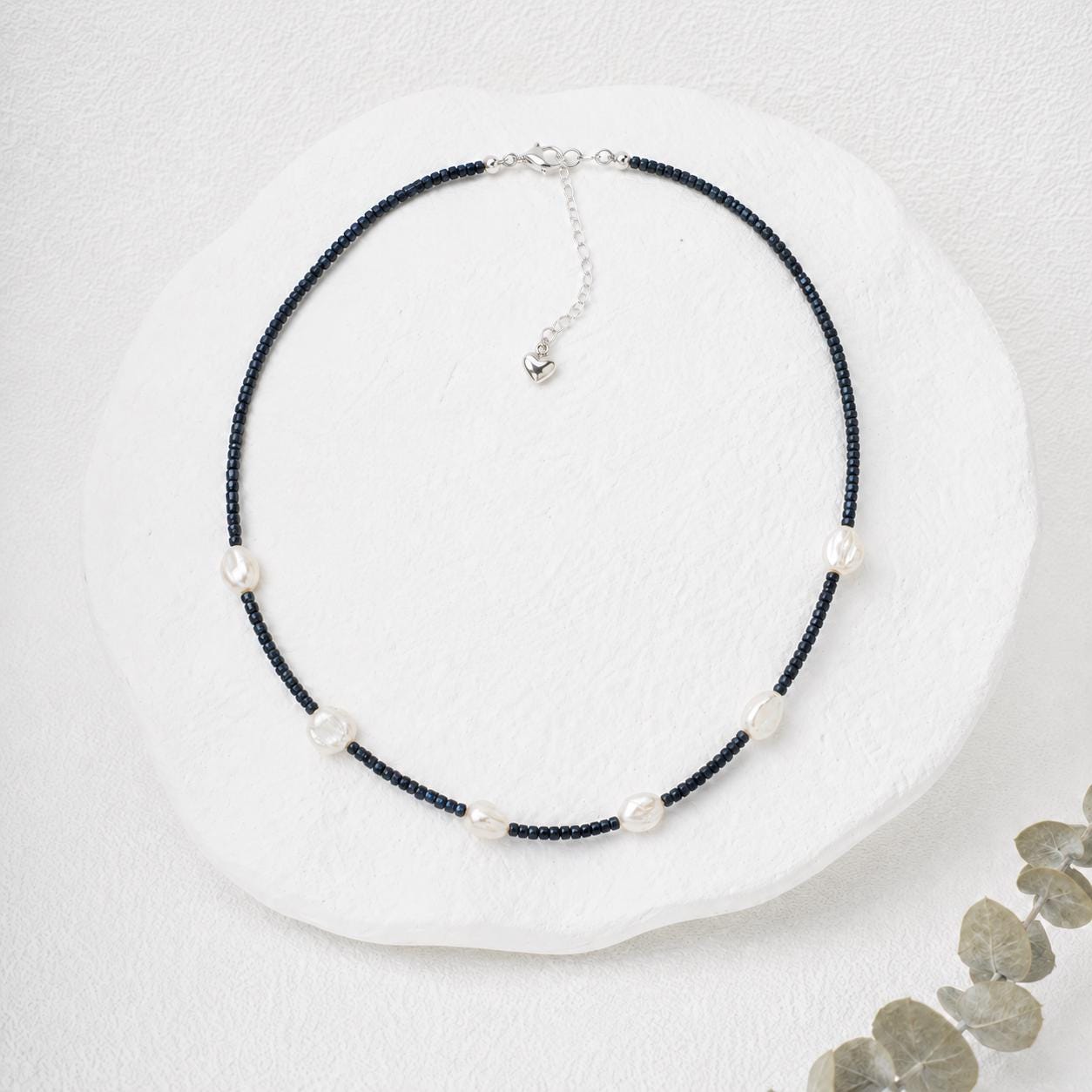 Blue Goldstone Necklace, Petal Freshwater Pearl Jewellery, Sterling Silver Clasp, Handmade Dark Blue Beaded Necklace product image 2