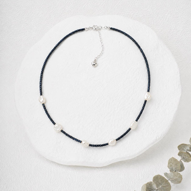 Blue Goldstone Necklace, Petal Freshwater Pearl Jewellery, Sterling Silver Clasp, Handmade Dark Blue Beaded Necklace product image 2
