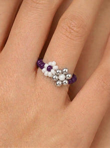 Purple Beaded Flower Ring, Miyuki Seed Bead Stretch Ring, Silver Daisy product image 3