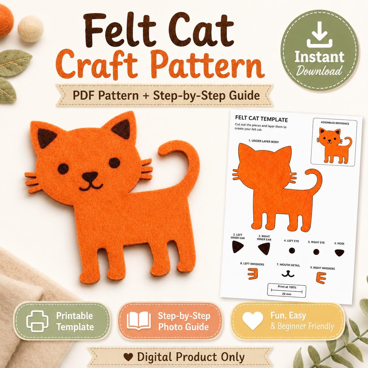 Cat Felt Animal Pattern, Printable Farm Character, Felt Board Story Piece product image