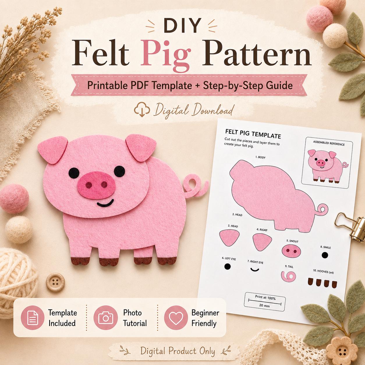 Pig Felt Animal Pattern, Printable Farm Character, Felt Board Story Piece product image