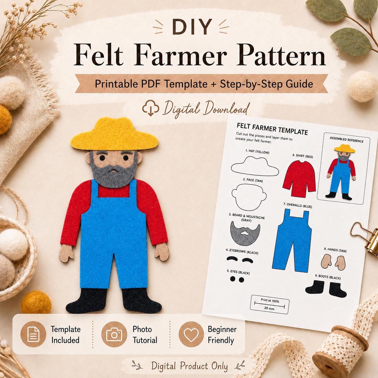 Farmer Felt Character Pattern, Printable Farm Person, Felt Board Story Piece product image