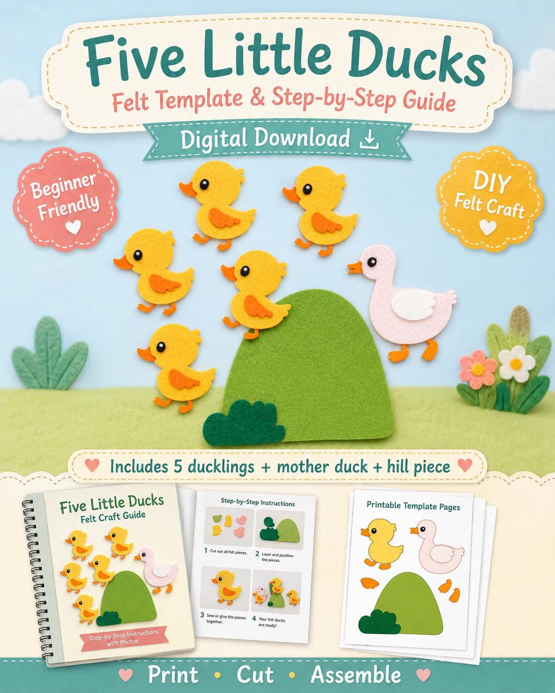 Five Little Ducks Felt Board Pattern, Printable Counting Song, Preschool Activity product image