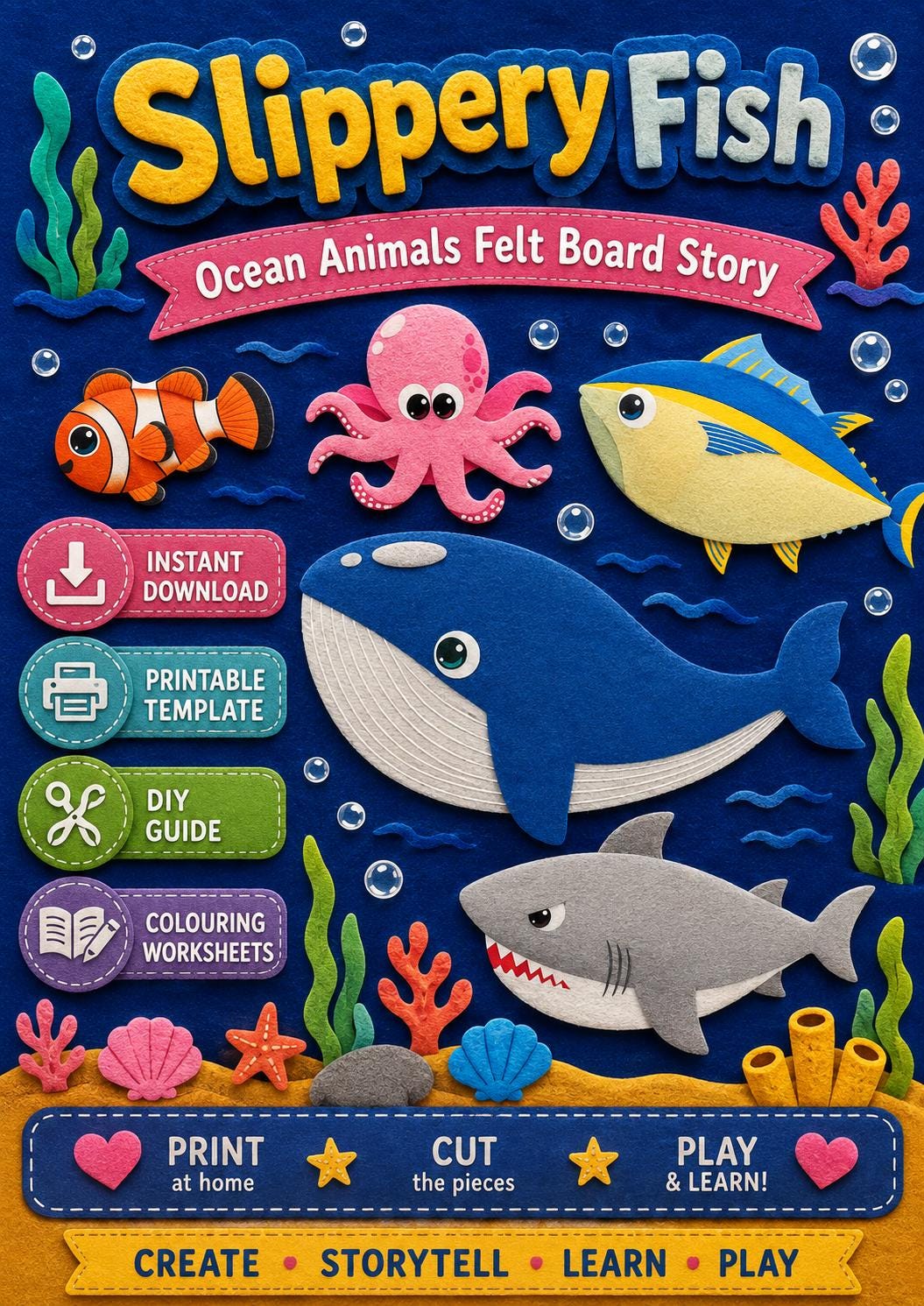 Slippery Fish Felt Board Pattern, Ocean Animal Printable, Preschool Song Activity product image 2