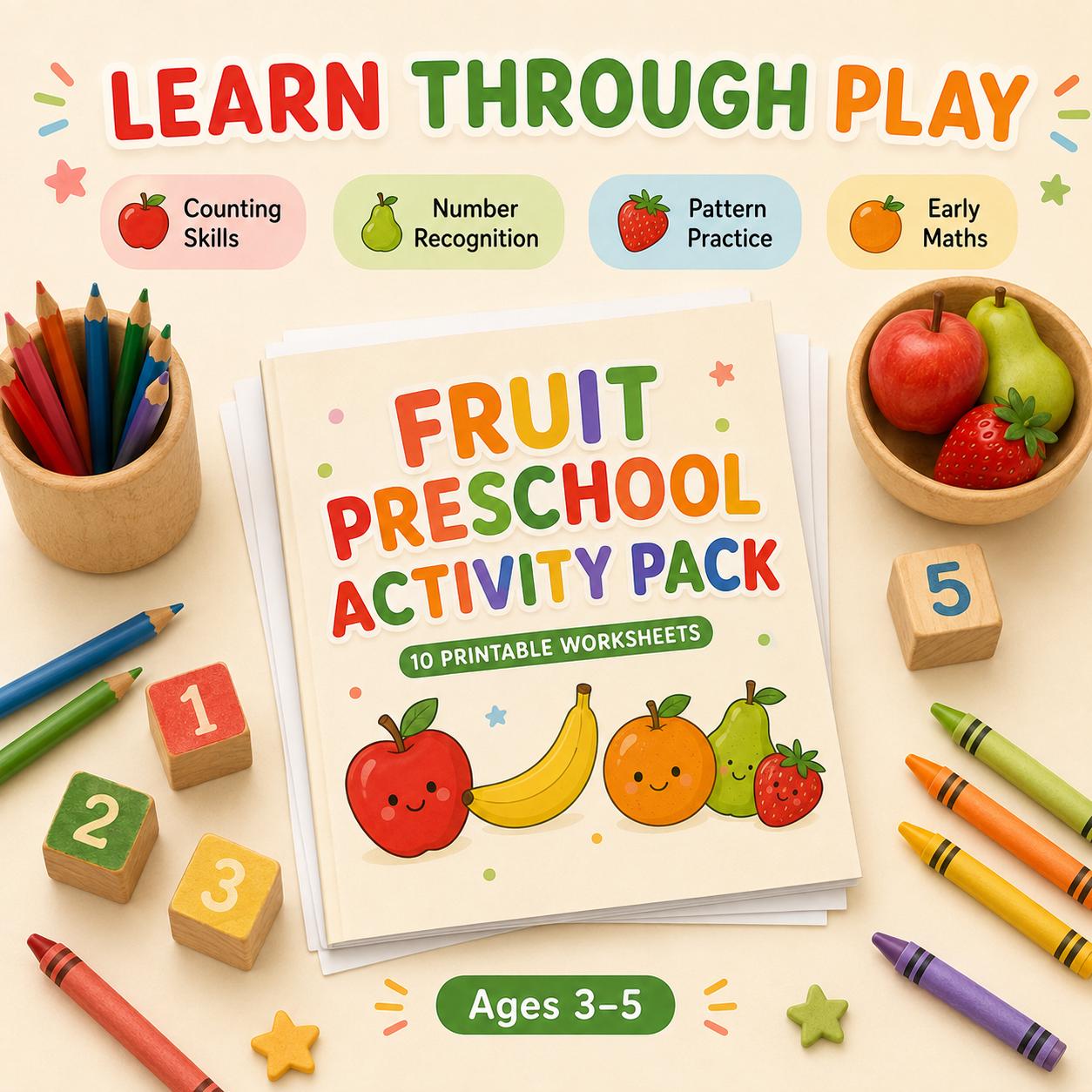 Fruit Preschool Worksheets, 10-Page Printable Counting & Early Maths Activity Pack, Ages 3-5 product image 4