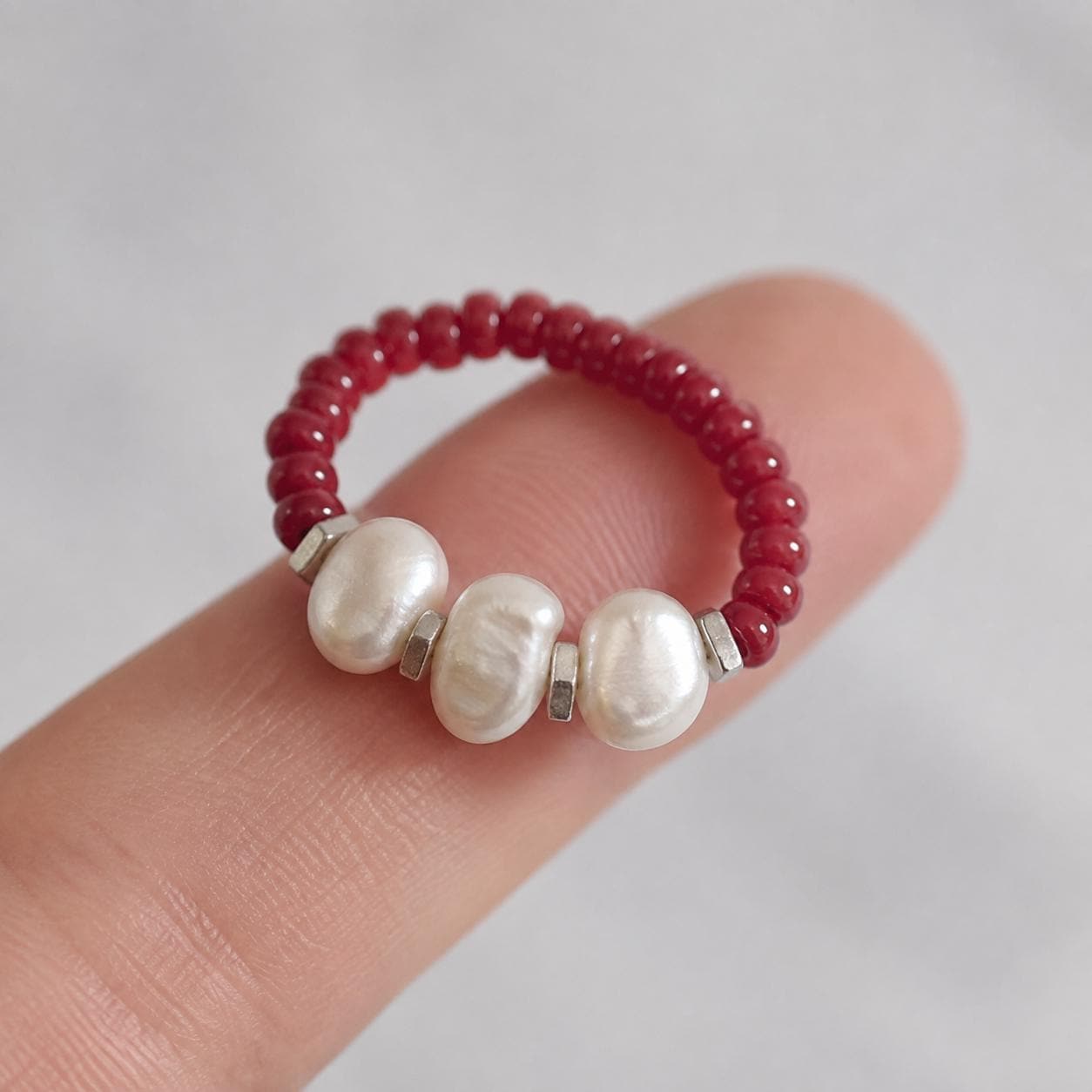 Red Freshwater Pearl Ring, Miyuki Seed Bead Stretch Ring, Sterling Silver Spacers product image 3