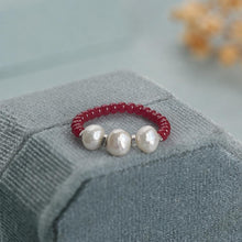 Red Freshwater Pearl Ring, Miyuki Seed Bead Stretch Ring, Sterling Silver Spacers product image