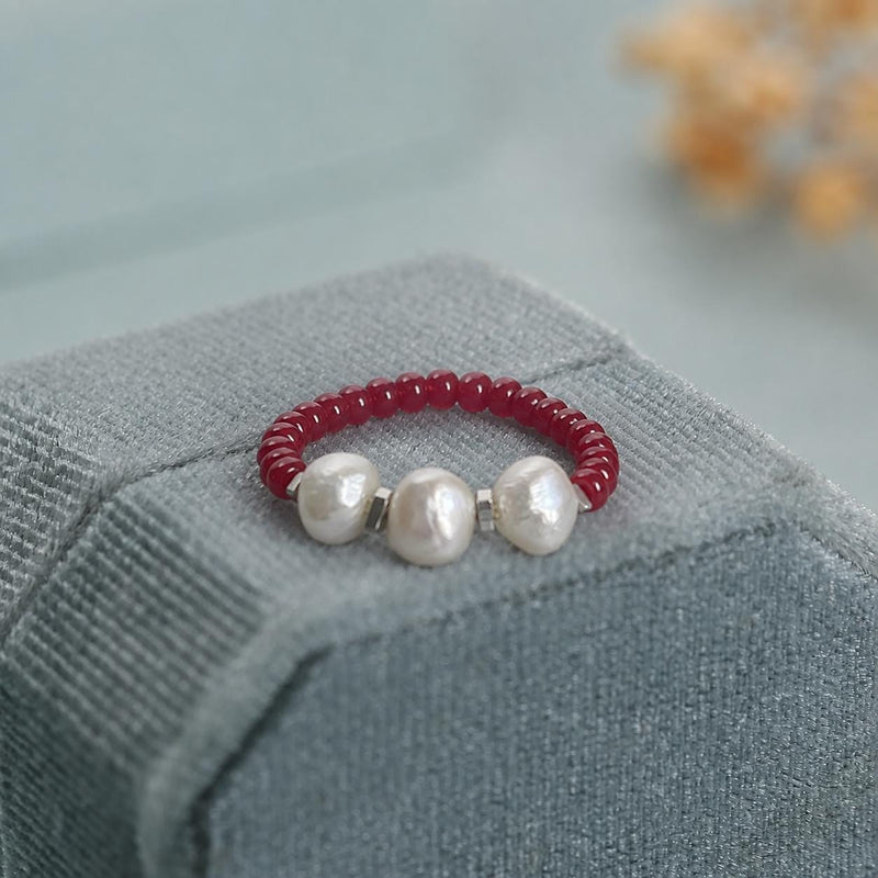 Red Freshwater Pearl Ring, Miyuki Seed Bead Stretch Ring, Sterling Silver Spacers product image