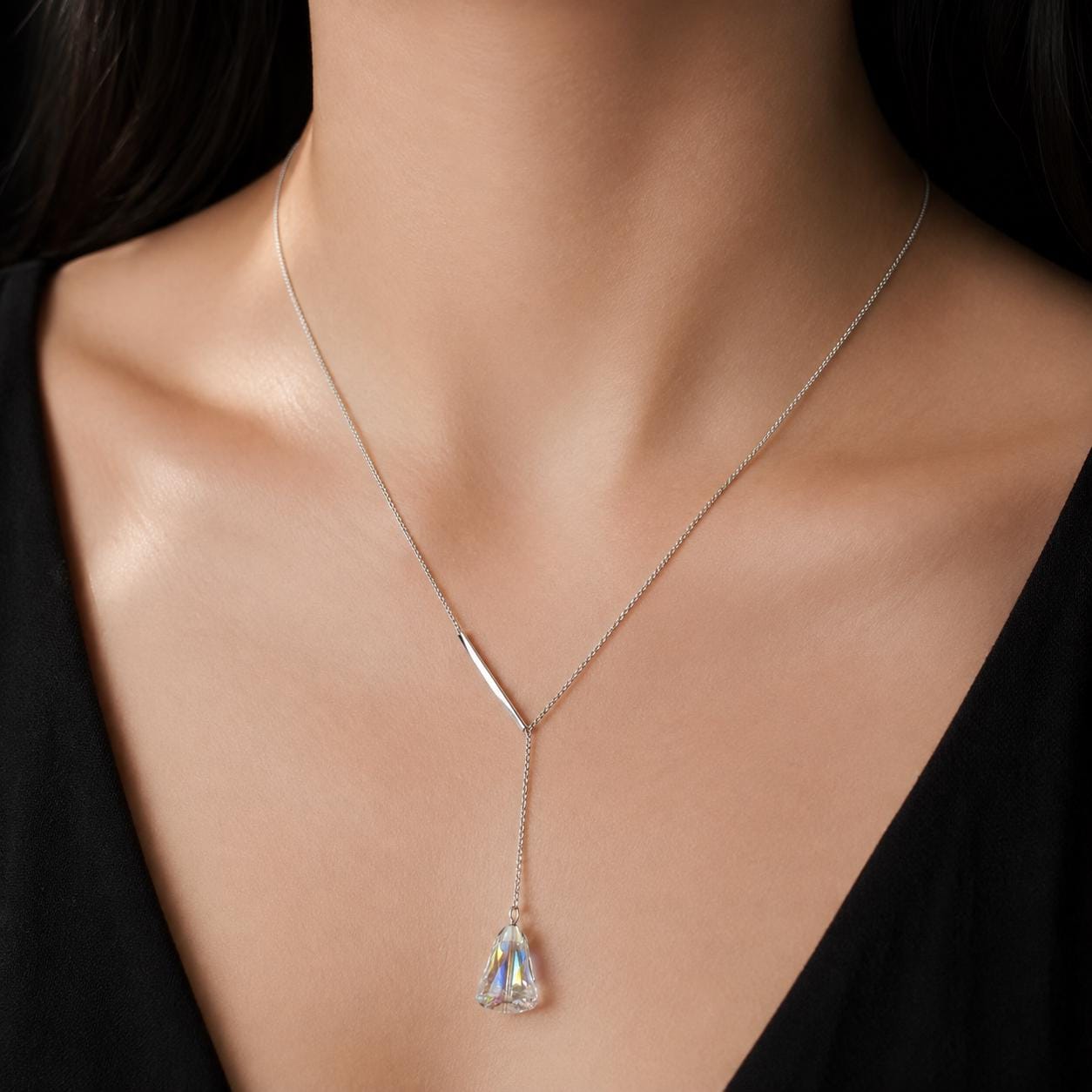 Austrian Crystal Y Necklace, Iridescent Rainbow Pendant, Silver Steel Lariat Necklace, Elegant Gift for Her product image 9