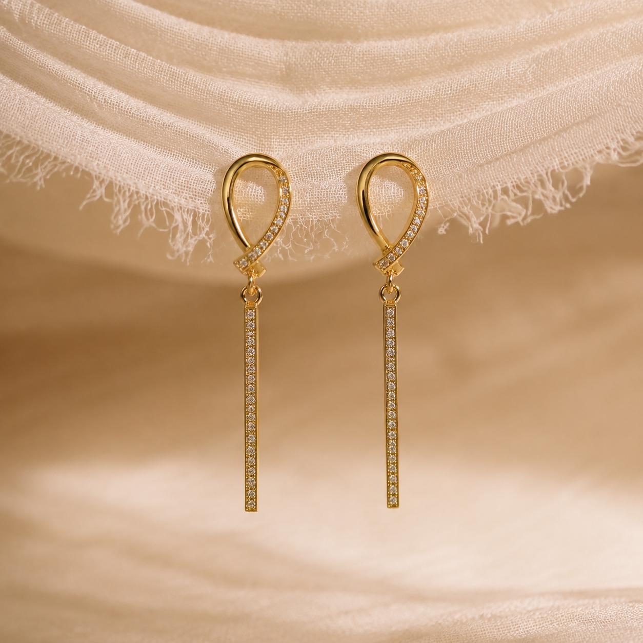 14K Gold Plated Drop Earrings, Clear Zircon Long Bar Earrings, 925 Silver Post, Elegant Dangle Jewellery Gift product image 4