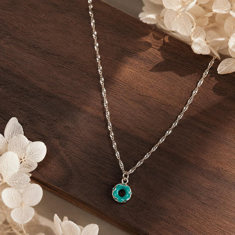 Turquoise Donut Necklace, 925 Sterling Silver Pendant Necklace, Dainty Teal Enamel Jewellery, Minimalist Gift for Her product image