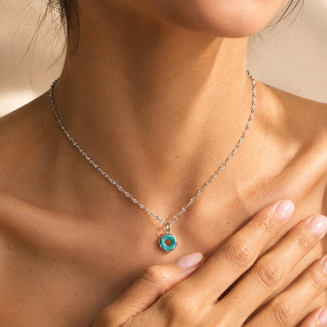 Turquoise Donut Necklace, 925 Sterling Silver Pendant Necklace, Dainty Teal Enamel Jewellery, Minimalist Gift for Her product image 7